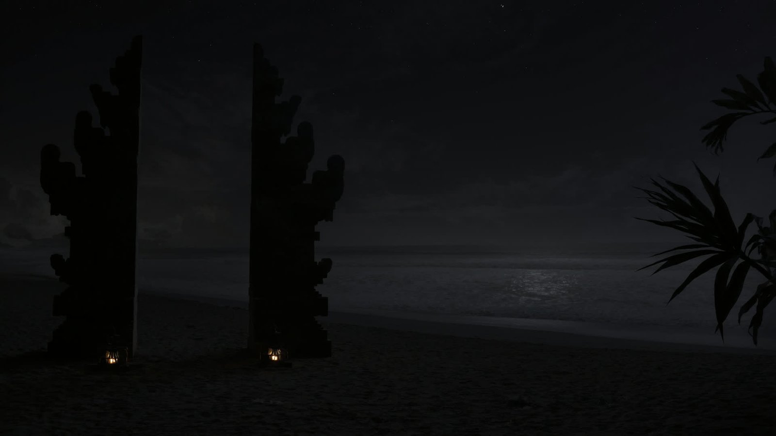 A carved stone split gateway standing at the edge of the sea at night, lit by low oil lamps.