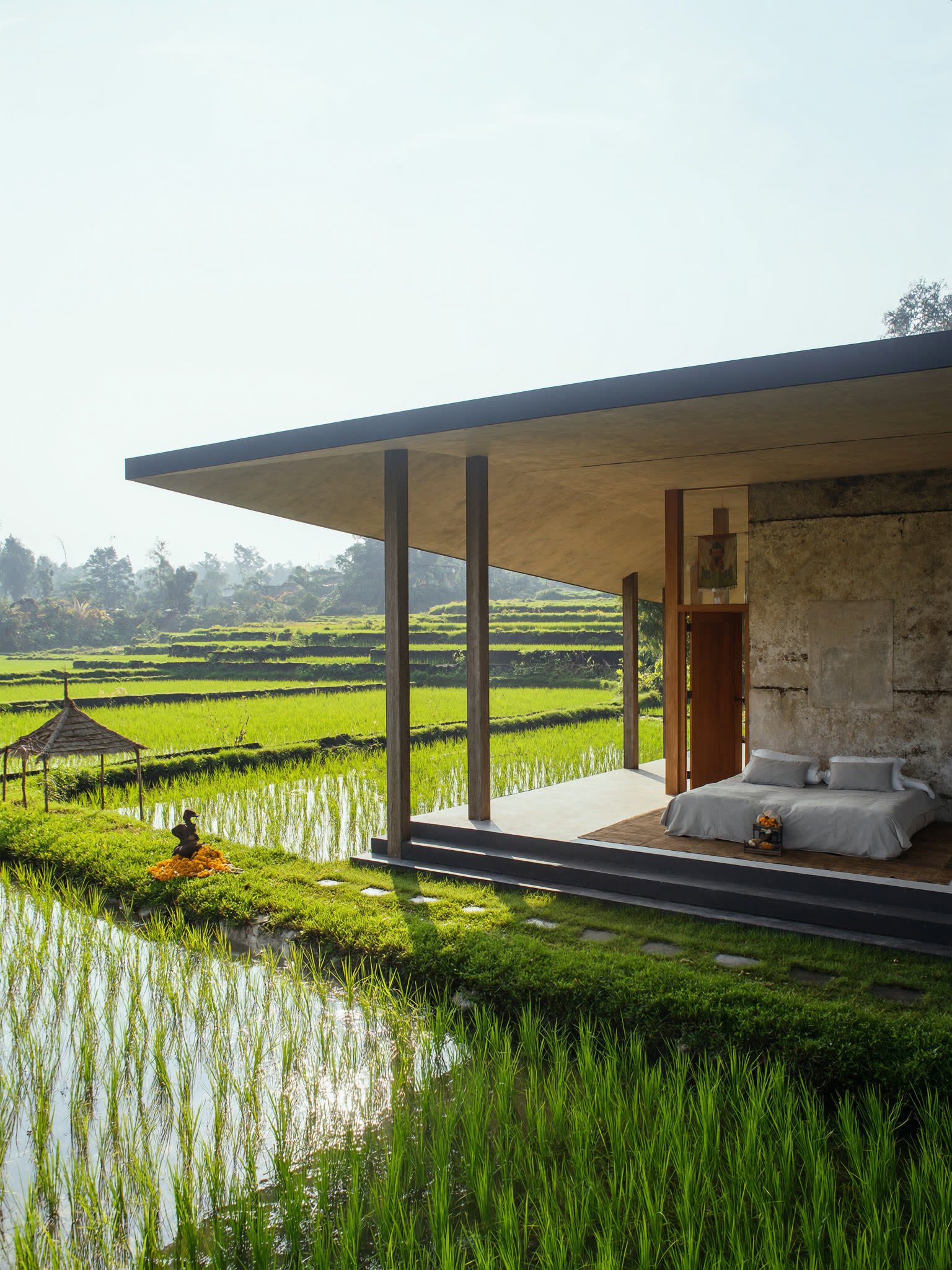 A single storey villa on the edge of flooded rice terraces with a deep shaded verandah.